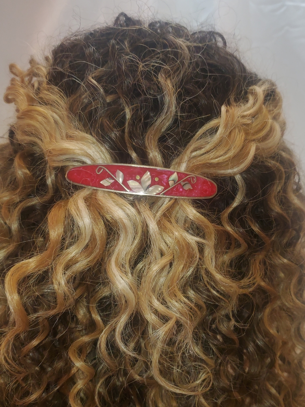 Vintage Mexican Alpaca Silver Red Enamel & Mother of Pearl Inlay Hair Barrette